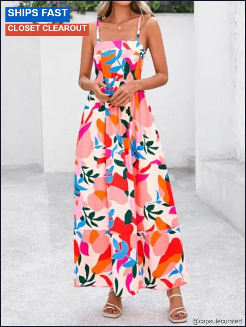 Boho Floral Striped Summer Maxi Dress Spaghetti Strap Viscose